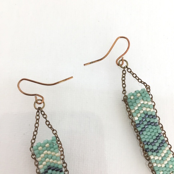 Boho Copper Green White Seed Bead Long Tassel Statement Dangle Earrings Tribal - Picture 4 of 8